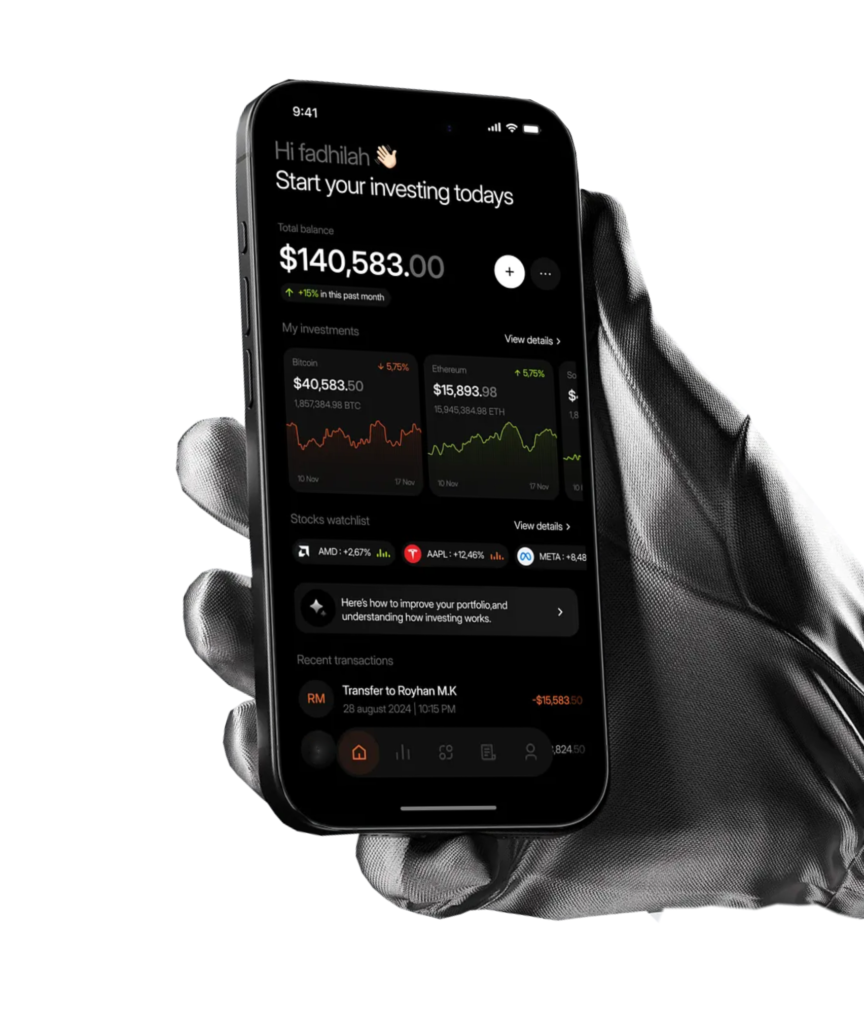 Hand holding smartphone displaying skyledger trading platform home screen.